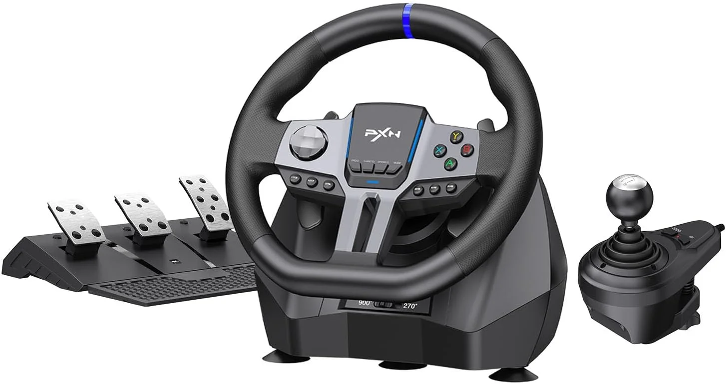 فرمان بازی PXN، فرمان مسابقه ای V9 GEN2، شبیه ساز جهانی USB اتومبیل 270/900 درجه با پدال و شیفتر برای PC، Xbox One، Xbox Series X/S، PS4، PS3، Switch