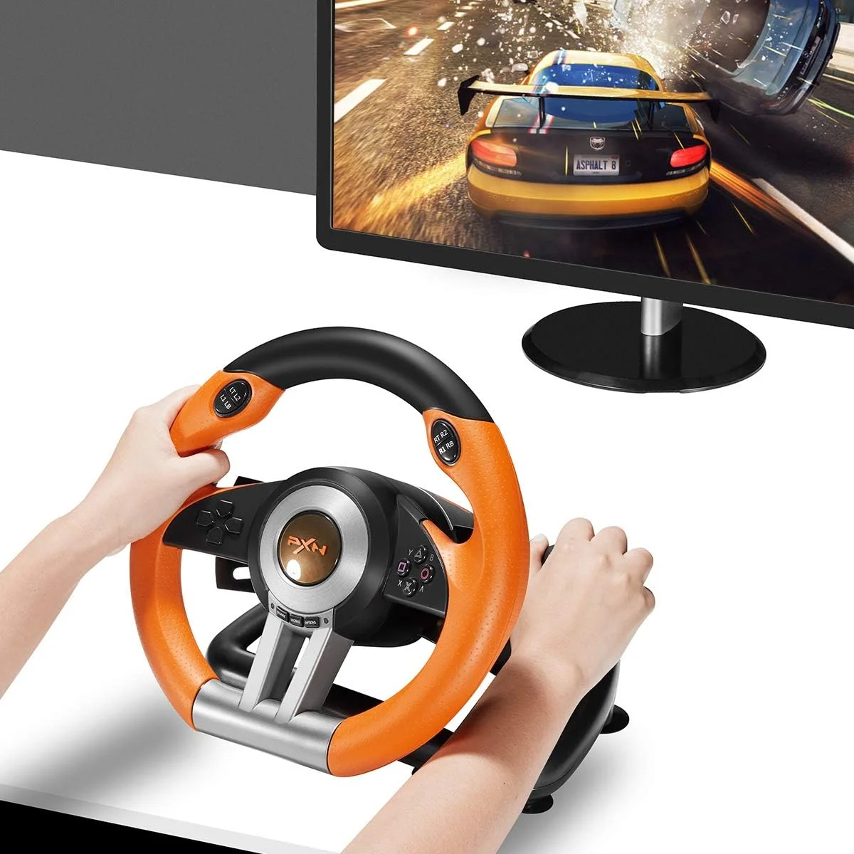 فرمان بازی PXN V3III PS4، فرمان مسابقه ای 180 درجه PC با ویبره دو موتوره، فرمان مسابقه ای PS4 با پدال خطی/ترمز شتاب، برای PC/PS4/Xbox One/Xbox Series X|S/Switch (نارنجی) فرمان بازی PXN V3III PS4، فرمان مسابقه ای 180 درجه PC با ویبره دو موتوره، فرمان مسابقه ای PS4 با پدال خطی/ترمز شتاب، برای PC/PS4/Xbox One/Xbox Series X|S/Switch (نارنجی)