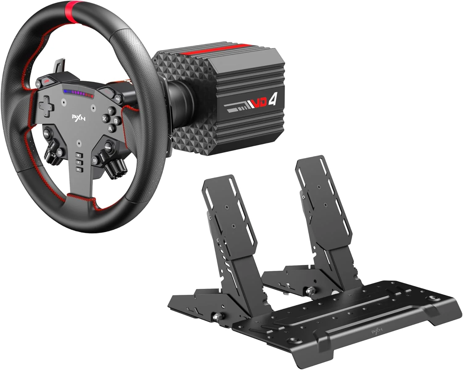 باندل PXN VD4 F 4NM Torque Sim Racing Direct Drive شامل فرمان مسابقه با فیدبک نیرو، پدال سنسور اثر هال، فرمان PC با پدال