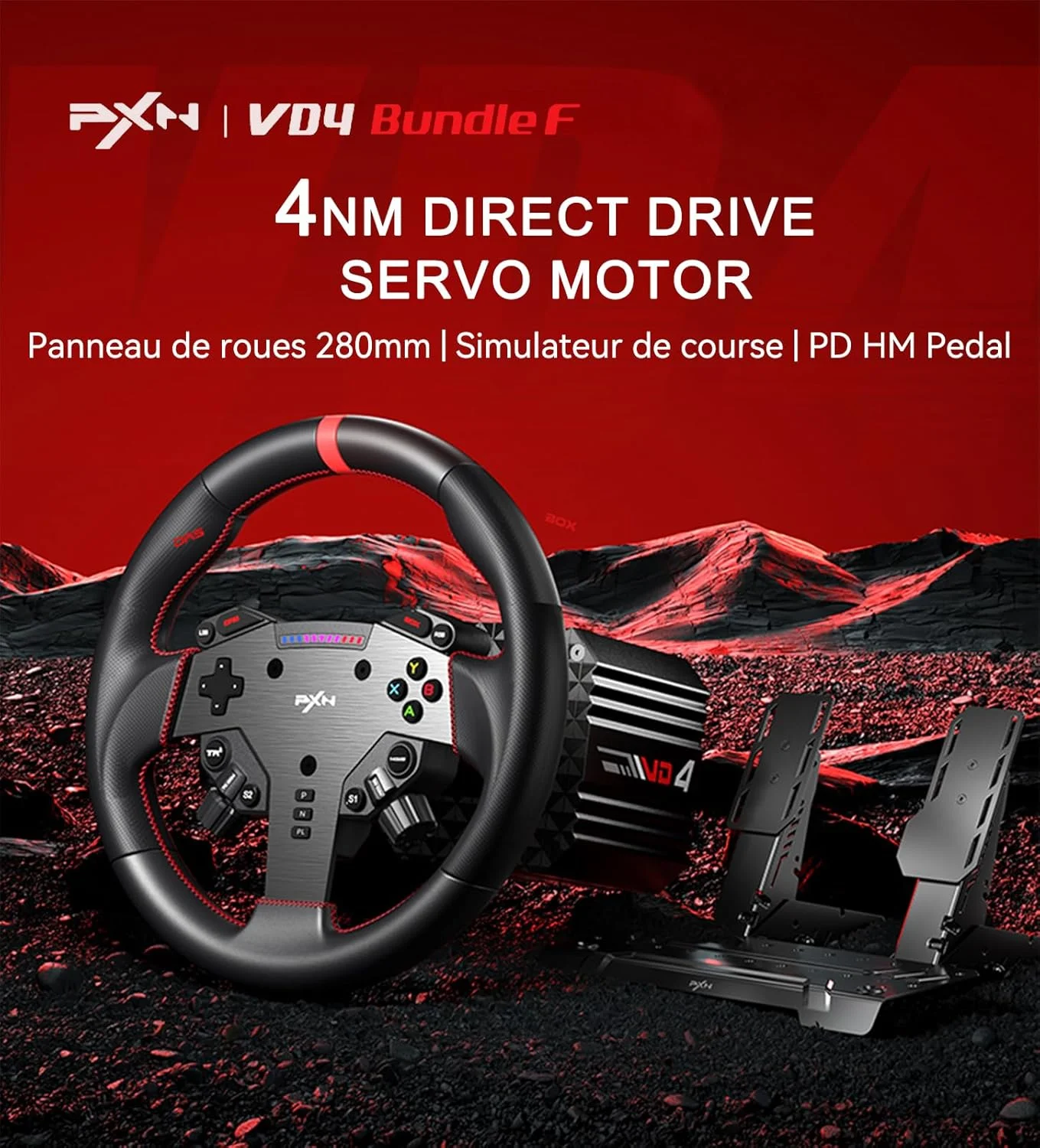 باندل PXN VD4 F 4NM Torque Sim Racing Direct Drive شامل فرمان مسابقه با فیدبک نیرو، پدال سنسور اثر هال، فرمان PC با پدال باندل PXN VD4 F 4NM Torque Sim Racing Direct Drive شامل فرمان مسابقه با فیدبک نیرو، پدال سنسور اثر هال، فرمان PC با پدال