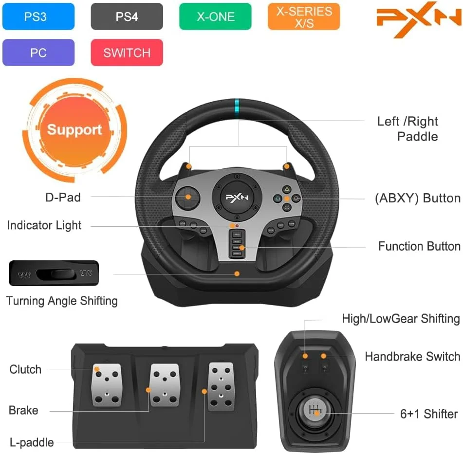 فرمان بازی PXN PC، فرمان مسابقه ای یونیورسال USB Car Sim با زاویه 270/900 درجه به همراه پدال های 3 پداله و دسته دنده برای Xbox One، Xbox Series X/S، PS4، PS3، Nintendo Switch