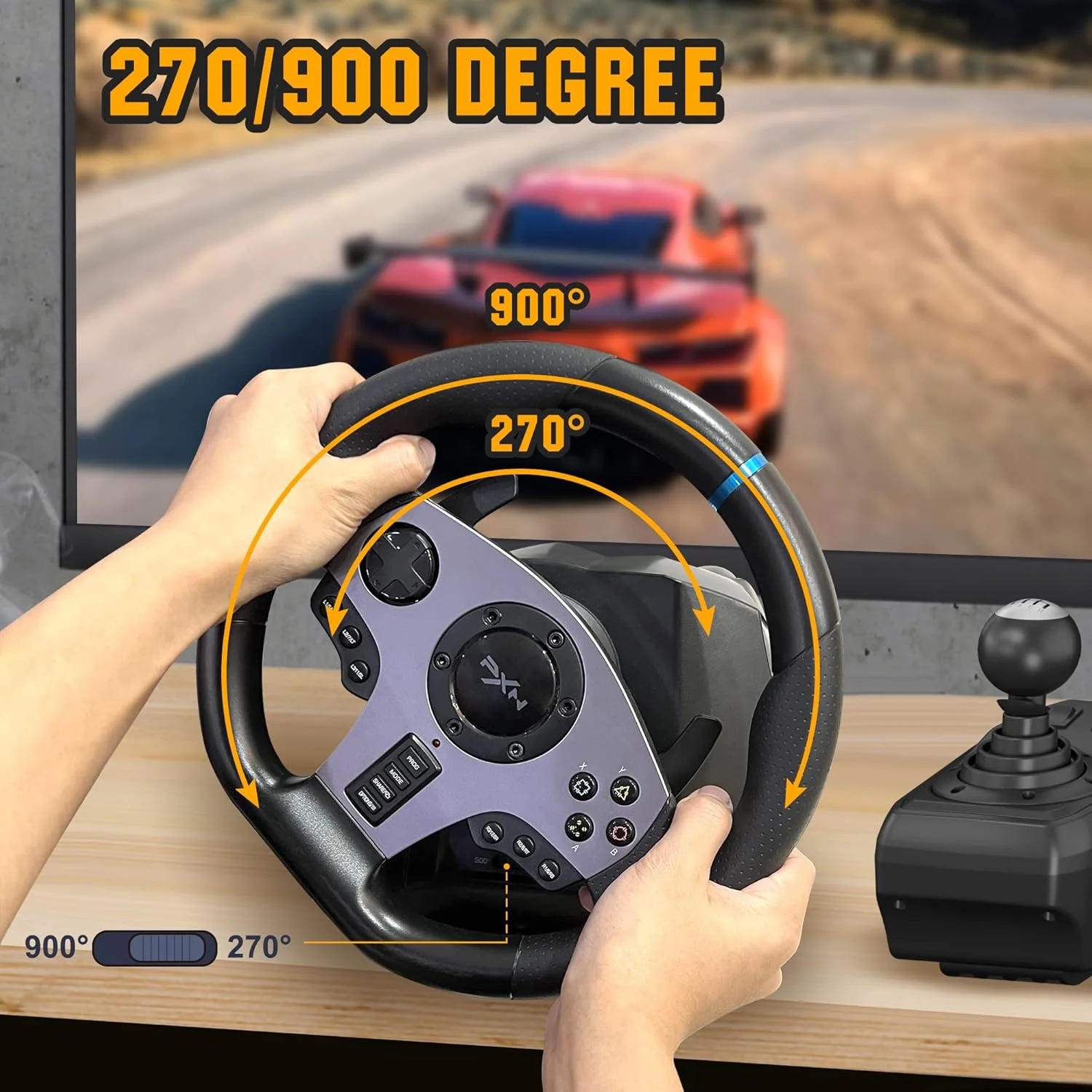 فرمان بازی PXN PC، فرمان مسابقه ای یونیورسال USB Car Sim با زاویه 270/900 درجه به همراه پدال های 3 پداله و دسته دنده برای Xbox One، Xbox Series X/S، PS4، PS3، Nintendo Switch