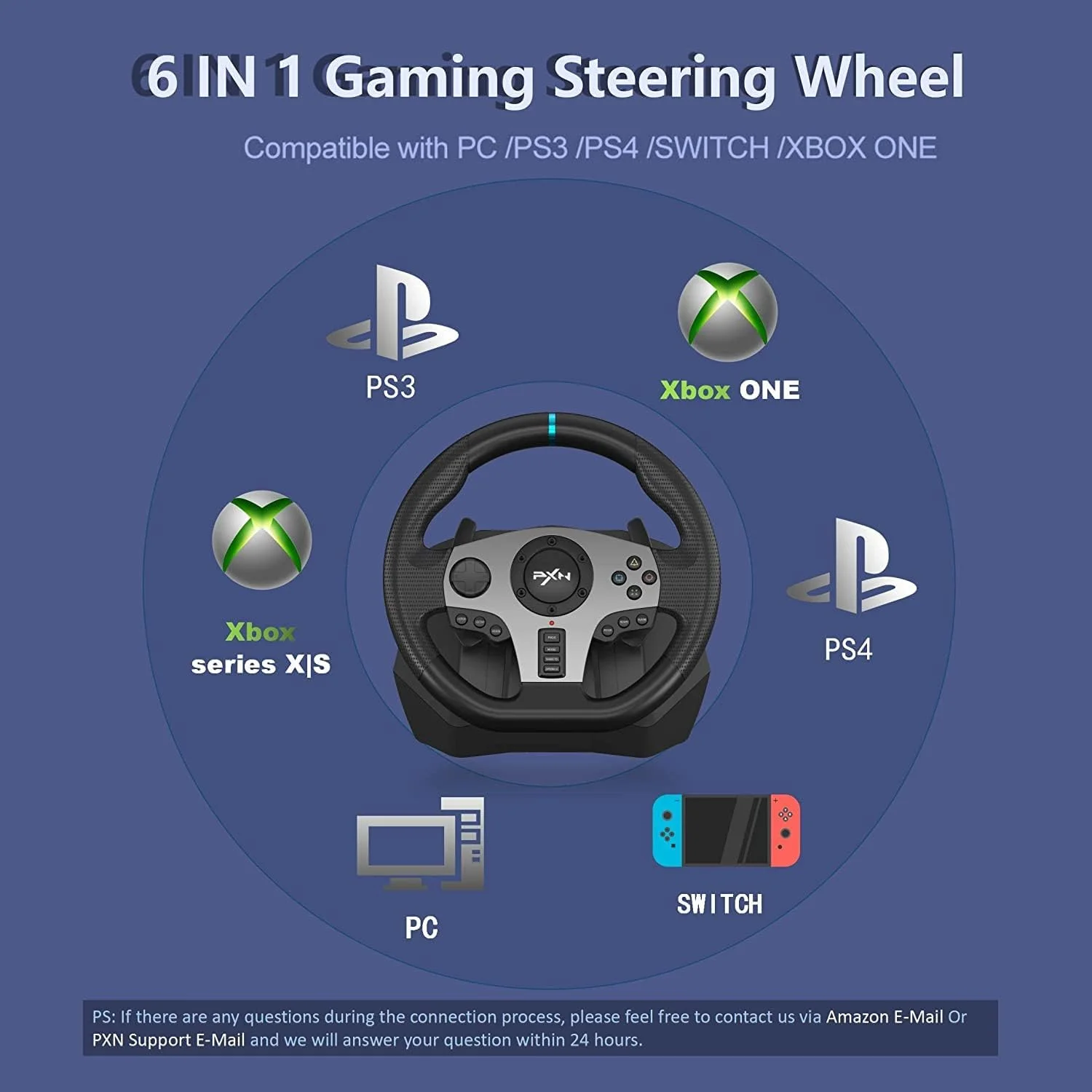 فرمان بازی PXN V9 با پدال و دنده، فرمان مسابقه 270/900 درجه با اپلیکیشن ابزار، بازخورد لرزشی، شیفترهای پدالی. فرمان بازی برای PS4، Xbox One، PC، Xbox Series X|S، PS3، Switch.