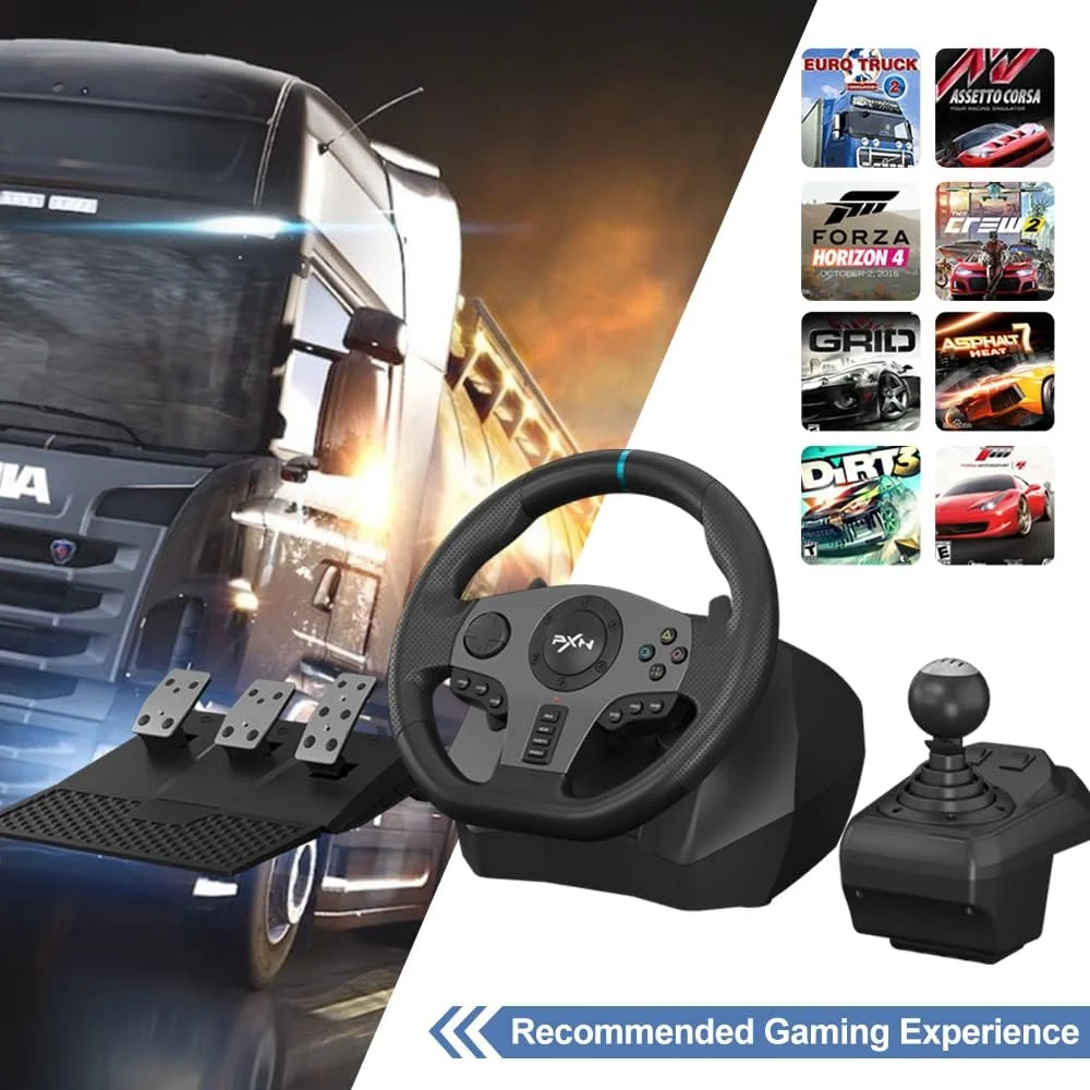 فرمان بازی PXN PC، فرمان مسابقه ای یونیورسال USB Car Sim با زاویه 270/900 درجه به همراه پدال های 3 پداله و دسته دنده برای Xbox One، Xbox Series X/S، PS4، PS3، Nintendo Switch