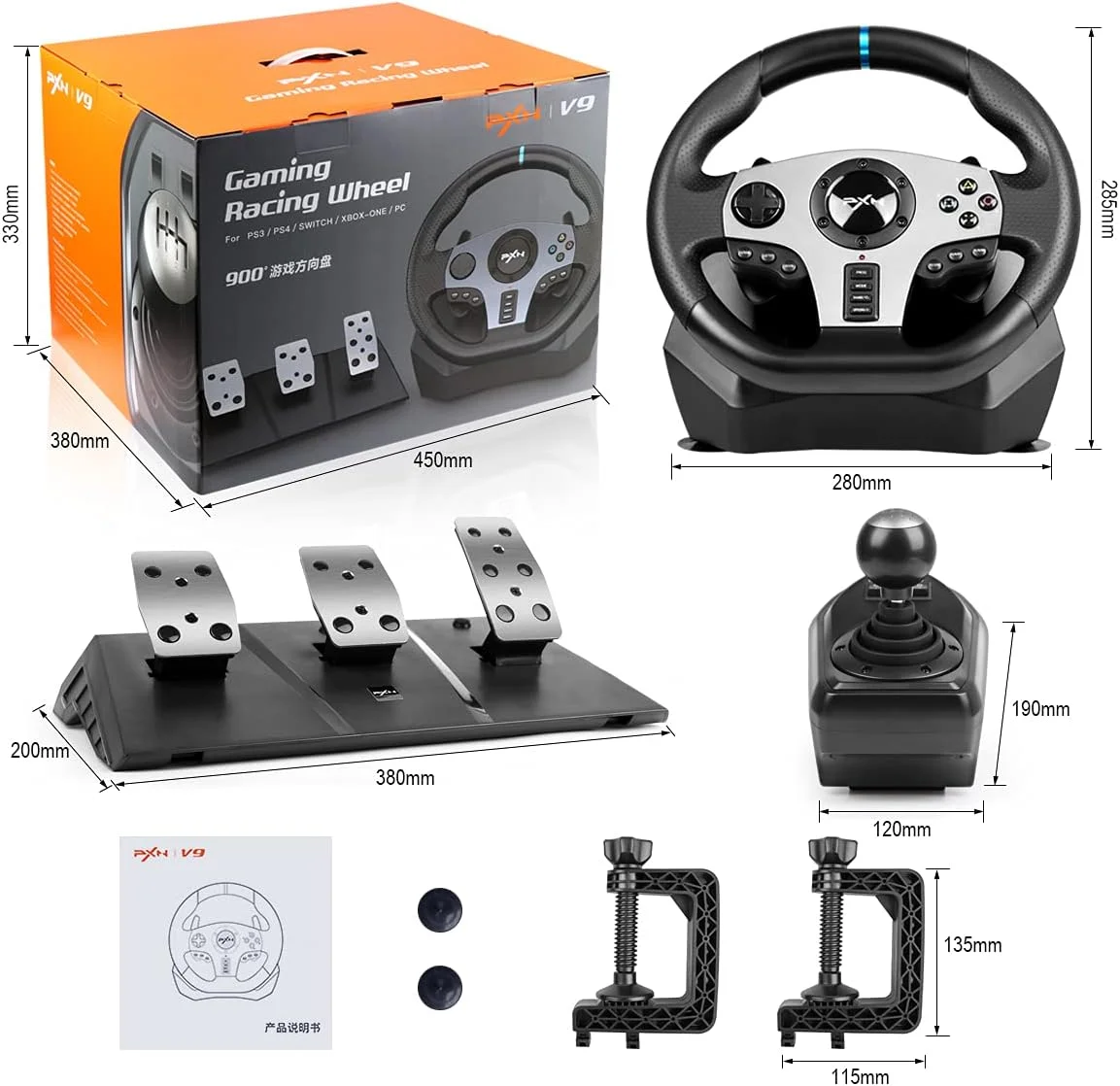 فرمان بازی PXN V9 با 3 پدال و دنده 270/900 درجه برای PC، PS4، PS3، Xbox One، Xbox Series X/S، N-Switch 【عدم پشتیبانی از Mac/PS5】 فرمان بازی PXN V9 با 3 پدال و دنده 270/900 درجه برای PC، PS4، PS3، Xbox One، Xbox Series X/S، N-Switch 【عدم پشتیبانی از Mac/PS5】