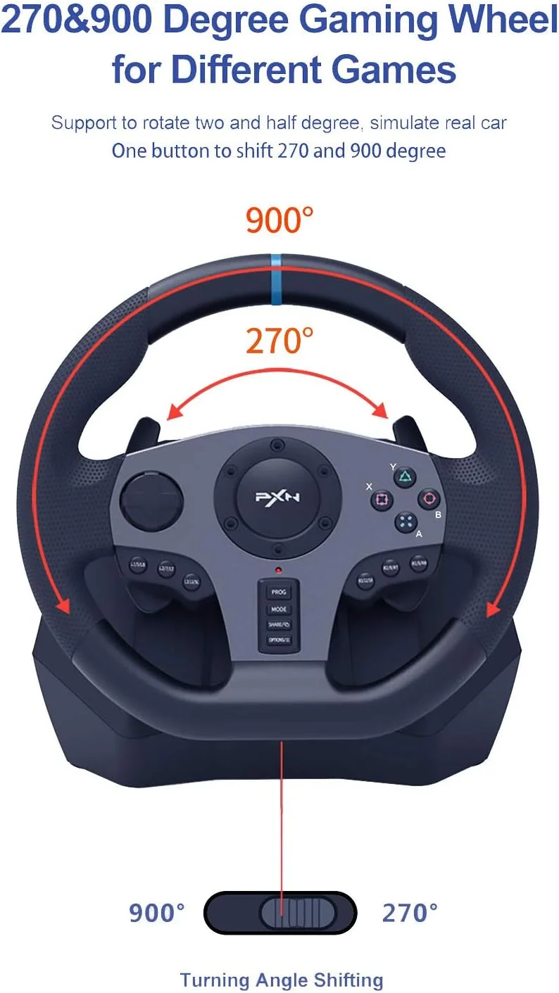 فرمان مسابقه PXN با چرخش 270°/900°، مدل PXN V9، فرمان بازی مسابقه ای USB برای کامپیوتر، به همراه پدال کلاچ و دنده برای ویندوز PC/PS3/PS4/Xbox One/Switch فرمان مسابقه PXN با چرخش 270°/900°، مدل PXN V9، فرمان بازی مسابقه ای USB برای کامپیوتر، به همراه پدال کلاچ و دنده برای ویندوز PC/PS3/PS4/Xbox One/Switch