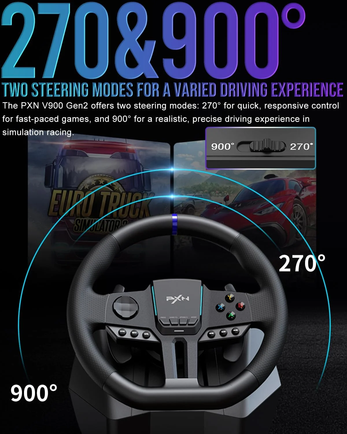 فرمان بازی PXN V900 Gen2 با پدالهای هال - 16 بیتی، 280 میلیمتری، 270°/900°، بازخورد لرزشی، شیفترهای پدالی، برنامه همراه، گیرههای ثابت - فرمان مسابقه برای PC، Xbox، PS4، PS3 و Switch فرمان بازی PXN V900 Gen2 با پدالهای هال - 16 بیتی، 280 میلیمتری، 270°/900°، بازخورد لرزشی، شیفترهای پدالی، برنامه همراه، گیرههای ثابت - فرمان مسابقه برای PC، Xbox، PS4، PS3 و Switch