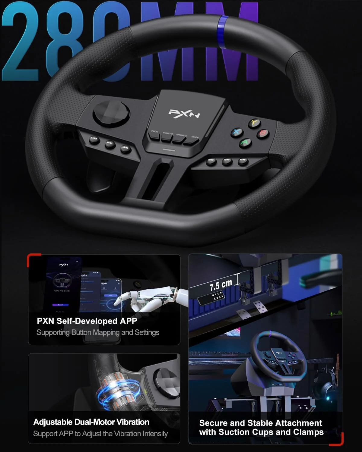 فرمان بازی PXN V900 Gen2 با پدالهای هال - 16 بیتی، 280 میلیمتری، 270°/900°، بازخورد لرزشی، شیفترهای پدالی، برنامه همراه، گیرههای ثابت - فرمان مسابقه برای PC، Xbox، PS4، PS3 و Switch فرمان بازی PXN V900 Gen2 با پدالهای هال - 16 بیتی، 280 میلیمتری، 270°/900°، بازخورد لرزشی، شیفترهای پدالی، برنامه همراه، گیرههای ثابت - فرمان مسابقه برای PC، Xbox، PS4، PS3 و Switch
