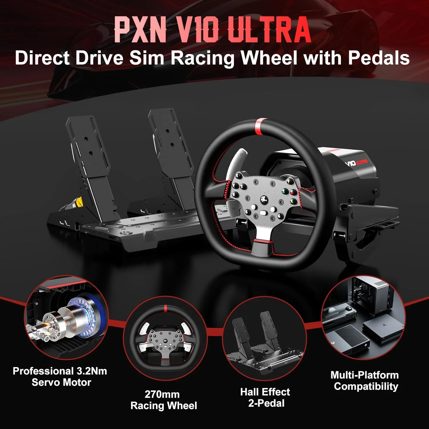 فرمان مسابقه PXN Direct Drive، فرمان بازی V10 Ultra - فرمان با فیدبک نیروی 3.2 نیوتن متر برای PC/Xbox/PS4، فرمان چرمی 270 میلی متری با 4 پدال شیفتر، پدال های قابل تنظیم فرمان مسابقه PXN Direct Drive، فرمان بازی V10 Ultra - فرمان با فیدبک نیروی 3.2 نیوتن متر برای PC/Xbox/PS4، فرمان چرمی 270 میلی متری با 4 پدال شیفتر، پدال های قابل تنظیم