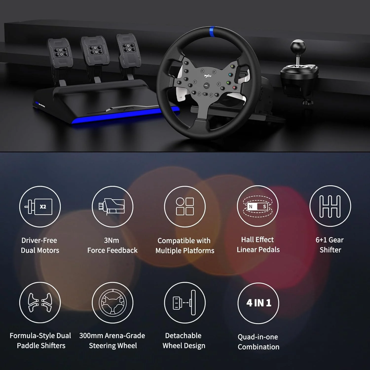 فرمان مسابقه PXN Force Feedback V99، فرمان بازی مسابقه ای شبیه ساز رانندگی 270/900 درجه جداشدنی با پدال و شیفتر برای ویندوز PC، PS4، Xbox One، Xbox Series X/S فرمان مسابقه PXN Force Feedback V99، فرمان بازی مسابقه ای شبیه ساز رانندگی 270/900 درجه جداشدنی با پدال و شیفتر برای ویندوز PC، PS4، Xbox One، Xbox Series X/S