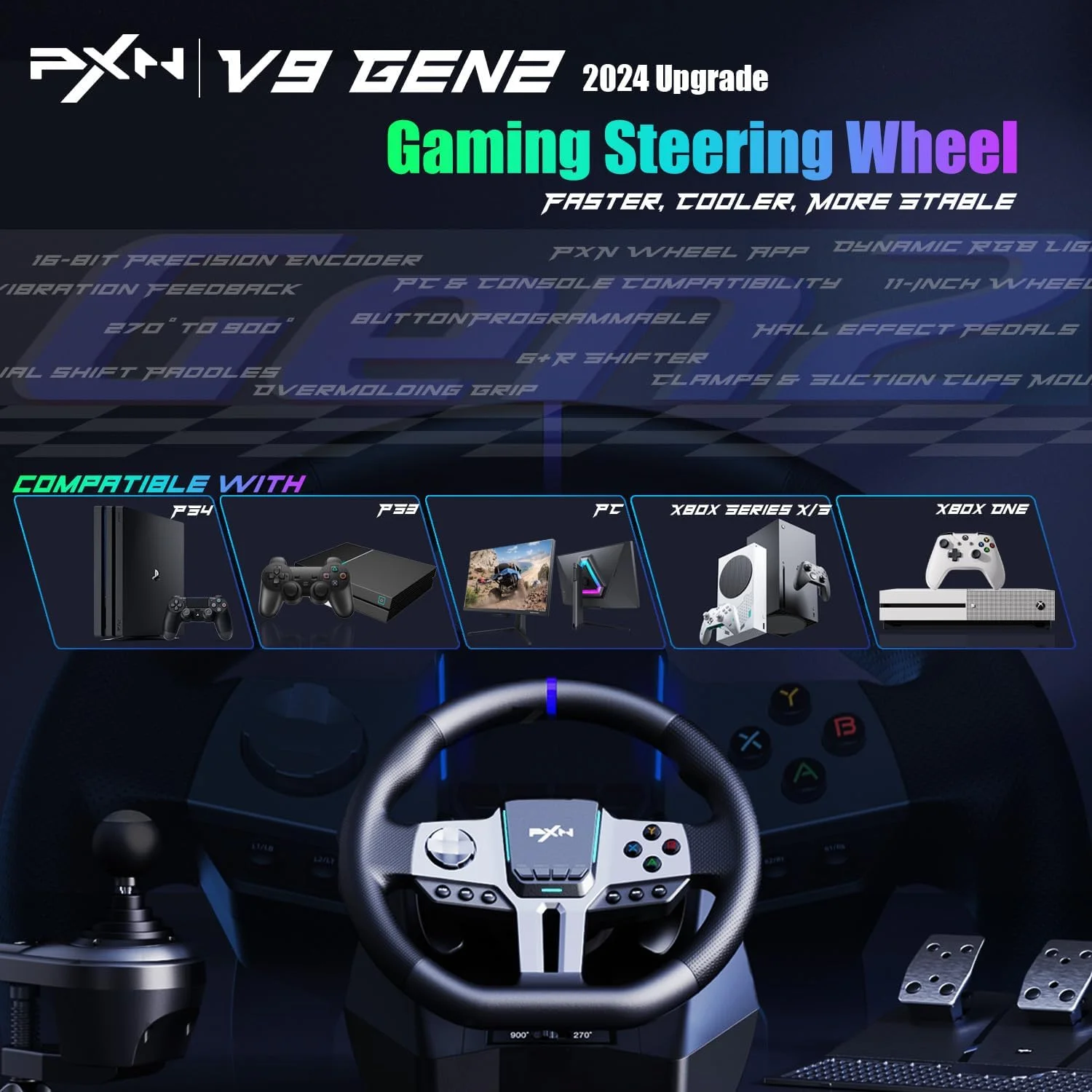 فرمان بازی PXN V9 Gen2 با پدال و دسته دنده - فرمان مسابقه ای 270°|900°، بازخورد لرزشی، پدال اثر هال، دسته دنده H، شیفترهای پدالی، برنامه ابزار - فرمان برای PC، PS3، PS4، Xbox فرمان بازی PXN V9 Gen2 با پدال و دسته دنده - فرمان مسابقه ای 270°|900°، بازخورد لرزشی، پدال اثر هال، دسته دنده H، شیفترهای پدالی، برنامه ابزار - فرمان برای PC، PS3، PS4، Xbox