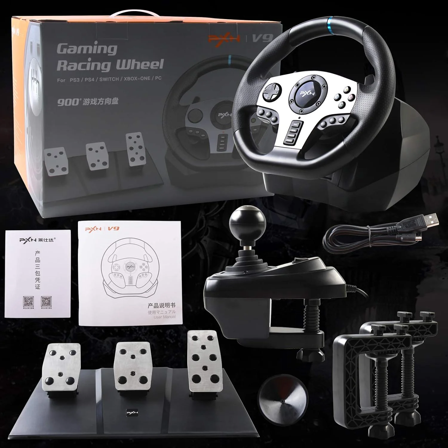فرمان مسابقه بازی PXN، مدل V9 با قابلیت تنظیم 270°/900°، دارای کلاچ و دنده، پشتیبانی از ویبره و عملکرد هدست، مناسب برای PC، PS3، PS4، Xbox One، Nintendo Switch.