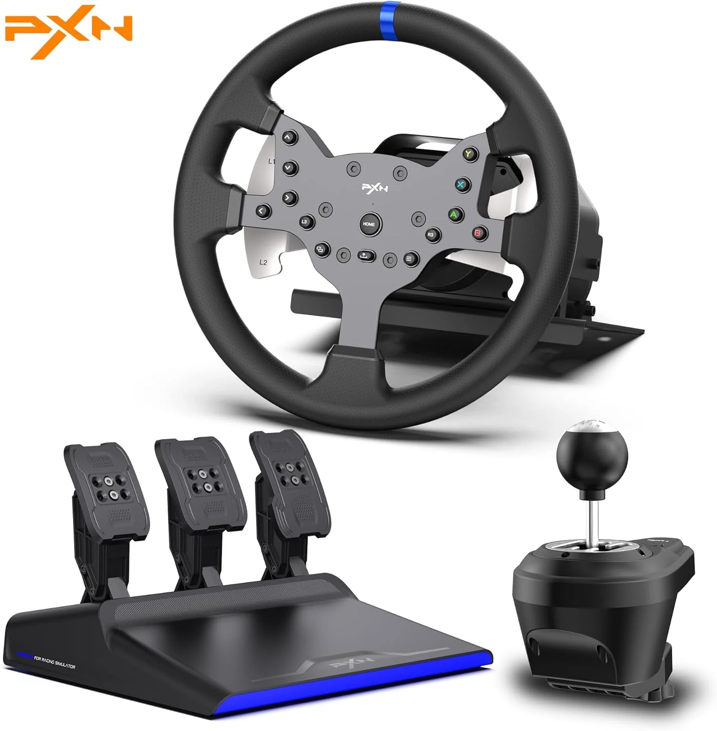فرمان بازی مسابقه ای PXN V99، فرمان با فیدبک نیرو با پدال و شیفتر - 3.2 نیوتن متر، 270° و 900°، 11.8 اینچ، 4 پدال شیفتر، برنامه ابزار - فرمان مسابقه ای برای PC، Xbox Series X|S، X و PS4
