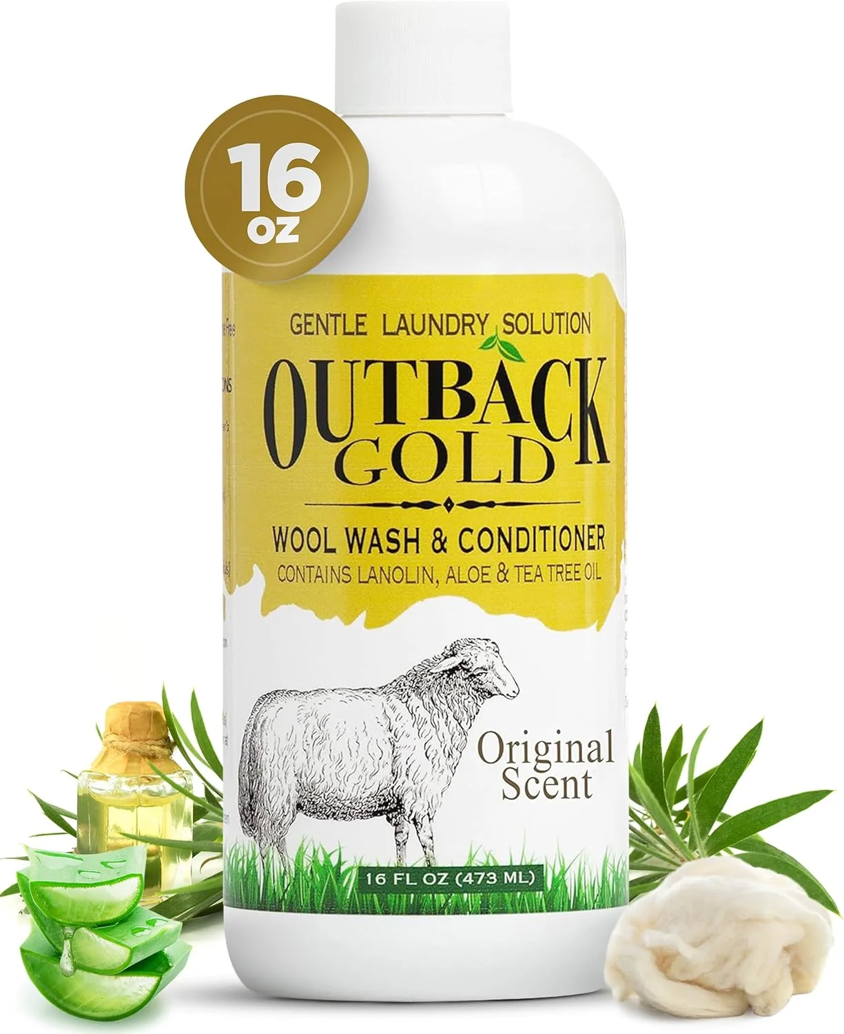 مایع شستشوی پشم Desert Breeze Distributing Outback Gold، ۴۷۳ میلی لیتر، رایحه اصلی، شوینده لباس گیاهی برای لباس های ظریف، پوست گوسفند، ابریشم، وسایل نوزاد، صابون مایع ملایم حاوی لانولین