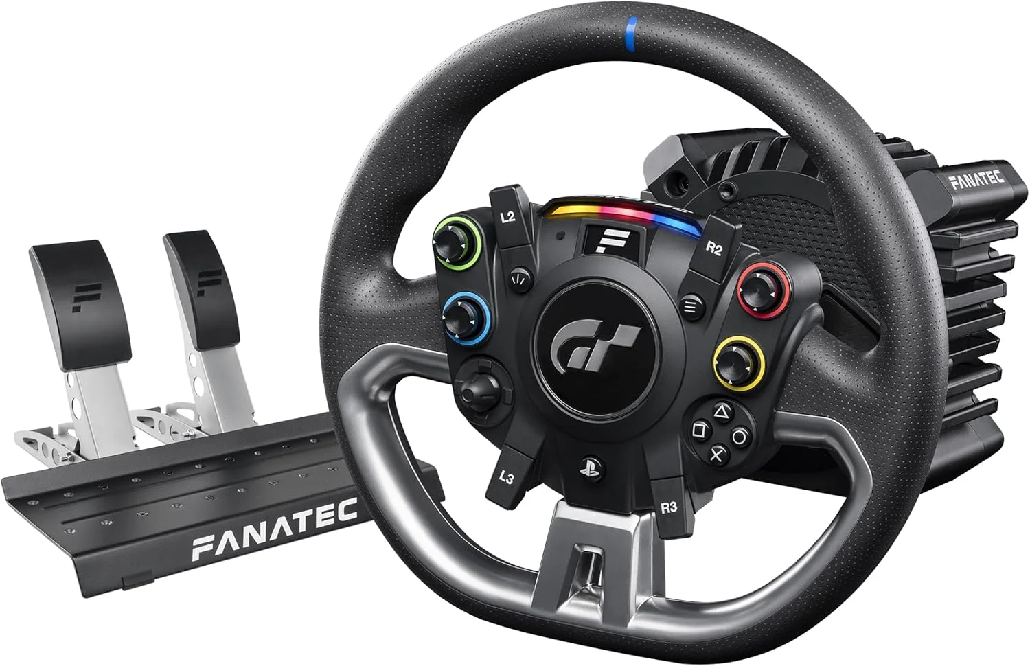 فرمان، پایه و پدال های مسابقه ای سیم کارت پلی استیشن Fanatec Gran Turismo DD Pro دارای مجوز رسمی - فرمان Polyphony Digital، درایو مستقیم 5 نیوتن متری FluxBarrier، مجموعه 2 پدال برای PC، PS5، PS4
