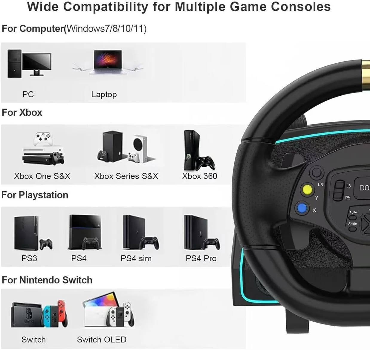 فرمان مسابقه DOYO با پدال‌های Hall برای Xbox One/Xbox Series X S/ PS4/ PS3/ PC/Xinput/Xbox 360/ Switch/Android، بازخورد لرزش دوگانه