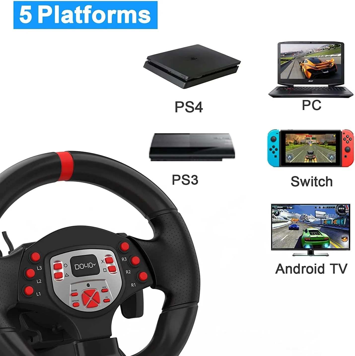 فرمان بازی مسابقه ای چرخ مسابقه ای PC، فرمان بازی 180 درجه با پورت USB و پدال، مناسب برای PS4/ PS3 /PC/switch/Android - مشکی