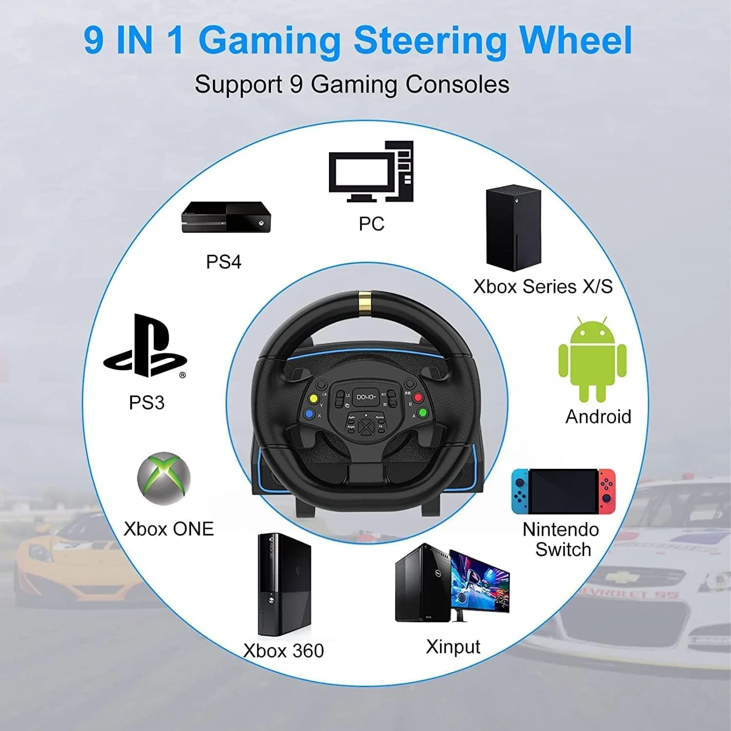 فرمان مسابقه بازی DOYO 1080° با پدال و شیفتر، فرمان برای PC، Xbox One، Xbox Series 360، PS4، PS3 و Nintendo Switch