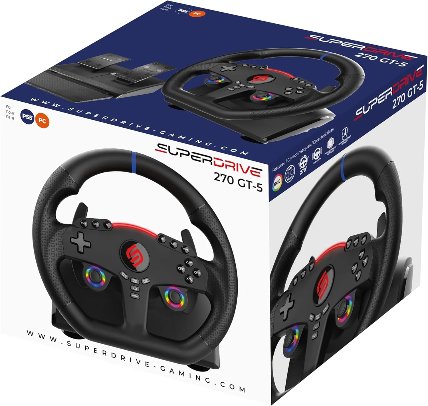 فرمان ساب سونیک – Superdrive 270 GT-5 - فرمان LED PS5 با دو جوی استیک، چرخش 270 درجه، پدال و شیفترهای پدالی. سازگار با PS5 و PC - مشکی