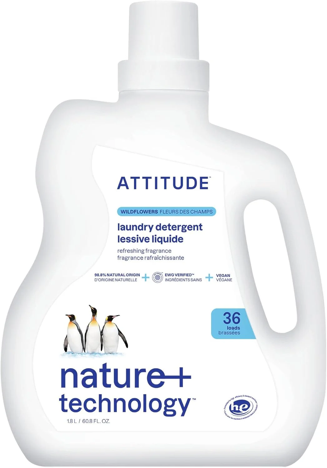 مایع لباسشویی ATTITUDE، صابون لباسشویی تایید شده توسط EWG، مناسب برای 36 بار شستشو، سازگار با HE، وگان، محصولات گیاهی، بدون تست حیوانی، گل های وحشی، 1.8 لیتر