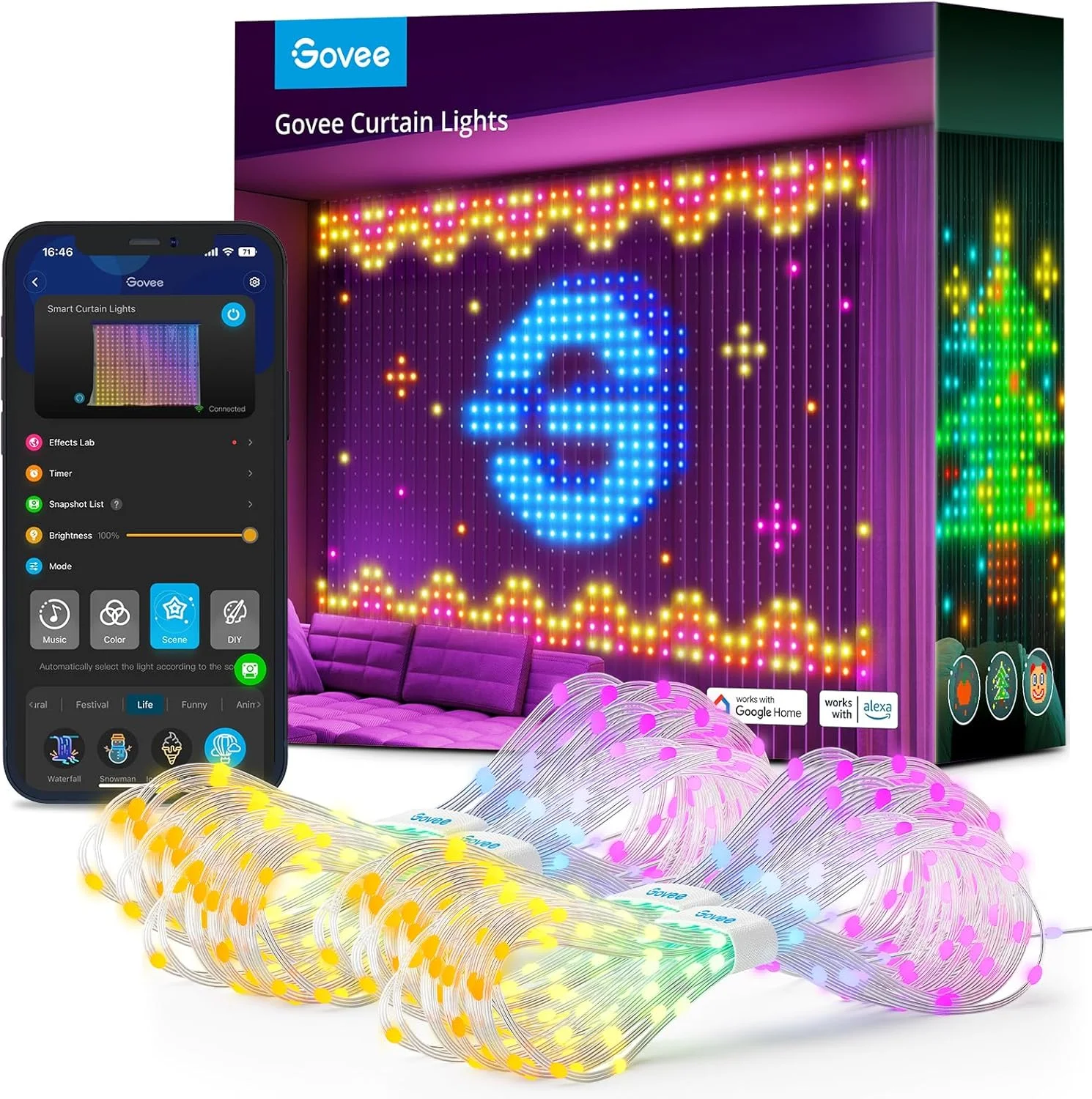 چراغ پرده ای Govee، چراغ های LED هوشمند پنجره، چراغ دیواری تغییر رنگ RGB، چراغ های ریسه ای پرده ای DIY پویا برای دکوراسیون هالووین اتاق خواب، ضد آب IP65 در فضای باز، 1.5x2 متر، 520 LED RGBIC، بسته 2 عددی