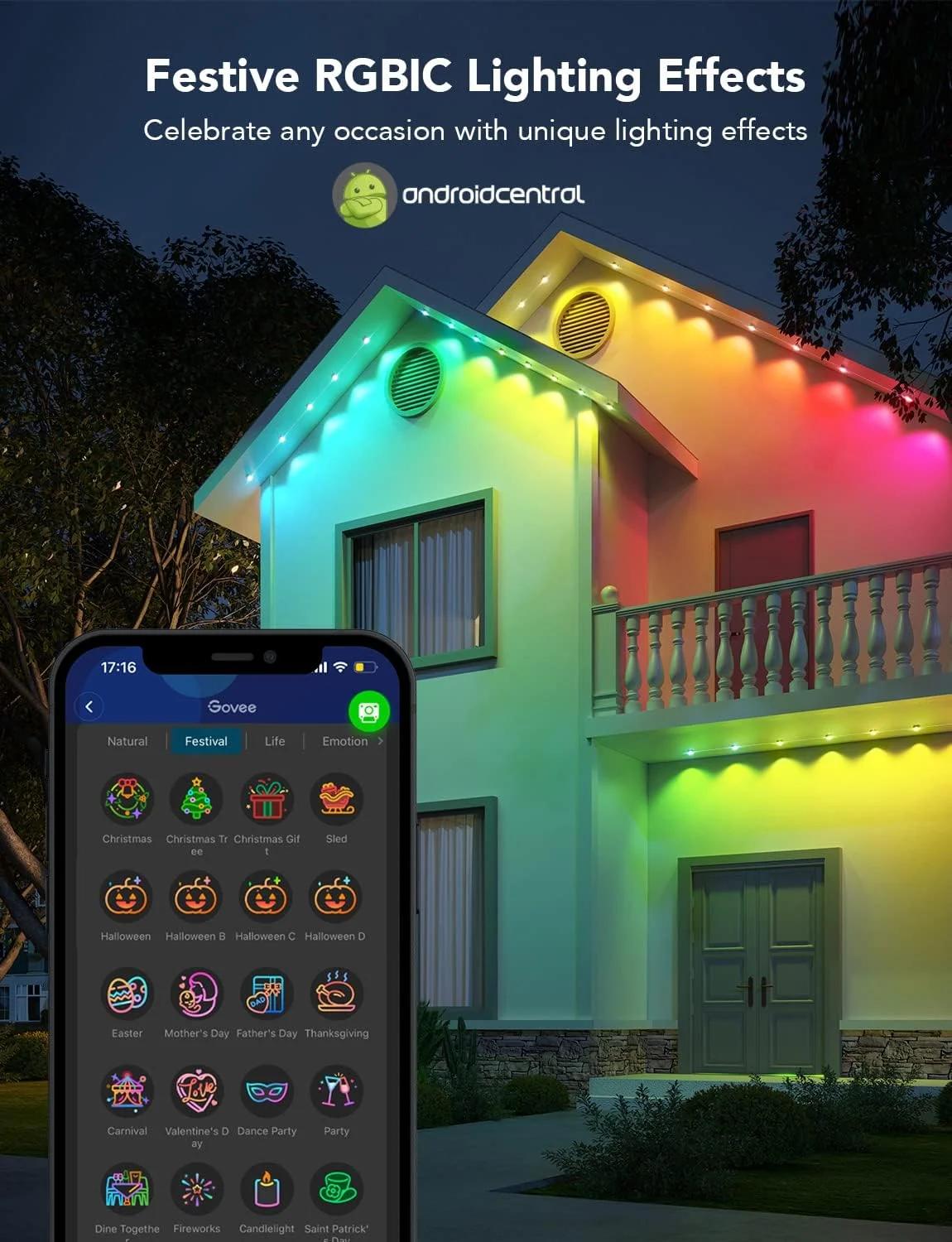 چراغ‌های دائمی فضای باز Govee، 30 متر با 72 LED هوشمند RGBIC برای فضای باز، 72 حالت صحنه، ضد آب IP67 برای مهمانی و استفاده روزانه، سازگار با الکسا و دستیار گوگل