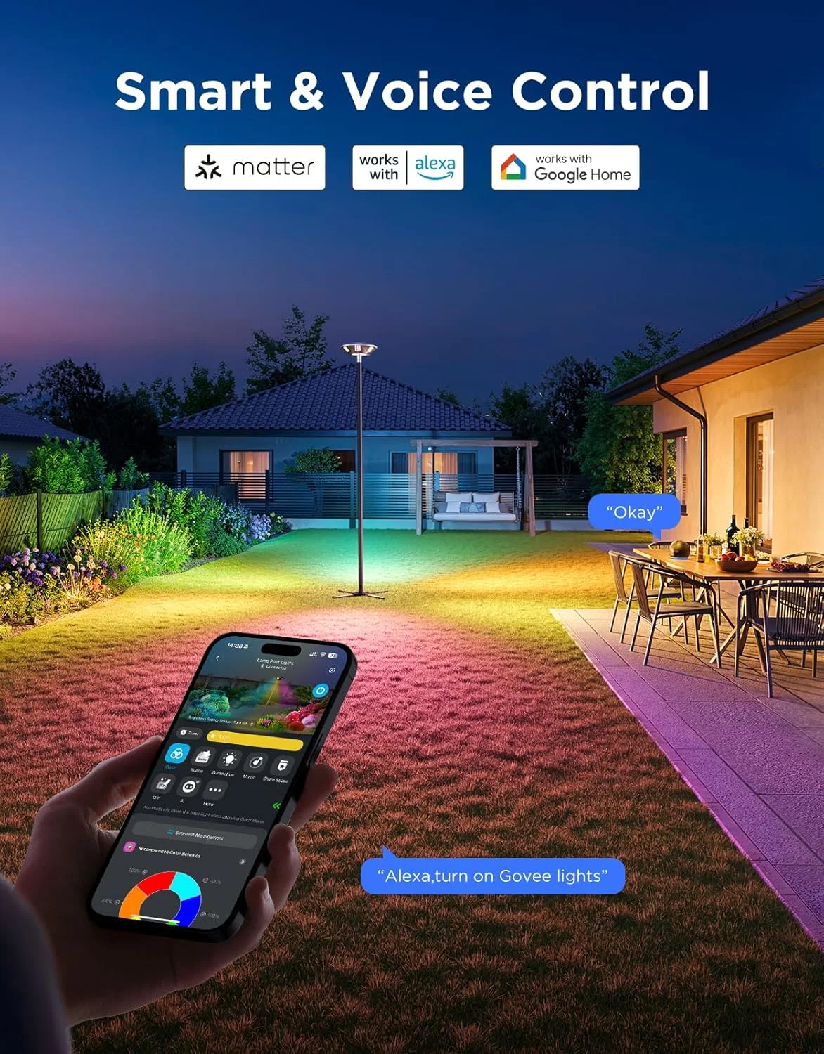 چراغ های پایه دار بیرونی Govee، روشنایی سفید بالا 2000 لومن با جلوه نورپردازی RGBIC 6 منطقه ای برای دکوراسیون فضای باز، سنسور دوگانه یکپارچه، ضد آب IP66، سازگار با الکسا، گوگل اسیستنت، Matter چراغ های پایه دار بیرونی Govee، روشنایی سفید بالا 2000 لومن با جلوه نورپردازی RGBIC 6 منطقه ای برای دکوراسیون فضای باز، سنسور دوگانه یکپارچه، ضد آب IP66، سازگار با الکسا، گوگل اسیستنت، Matter