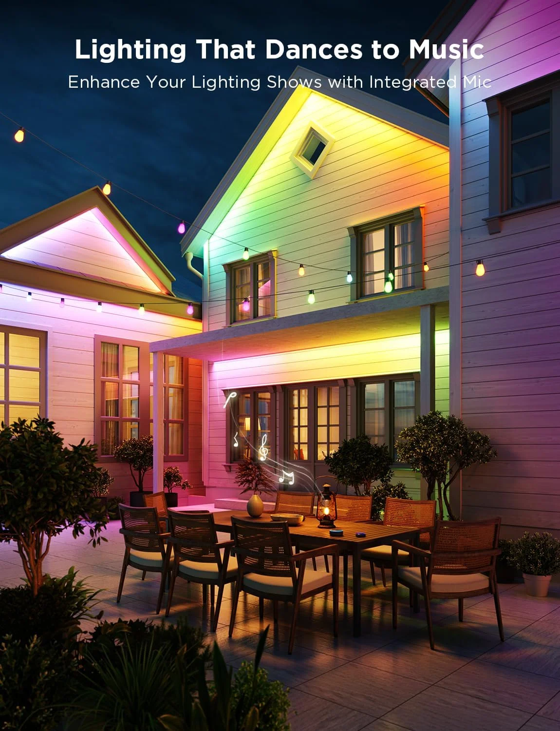 چراغ نواری ال ای دی RGBIC هوشمند گوهه مناسب فضای باز با نور سفید گرم و سرد، طول 30 متر، وای فای 2.4G، ضد آب IP65، سازگار با الکسا و گوگل اسیستنت، کنترل از طریق اپلیکیشن، مناسب برای ایوان، پاسیو، لبه بام و مهمانی