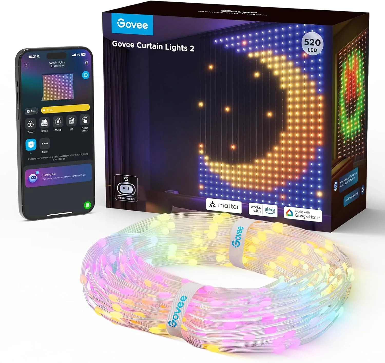 پرده چراغی Govee 2 با 520 LED، پرده چراغی هوشمند LED با DIY GIF AIGC، غیر قابل اتصال، چراغ های تعطیلات تغییر رنگ RGBIC برای دکوراسیون پنجره اتاق خواب داخلی و خارجی، ضد آب IP65، 4.9×6.6 فوت