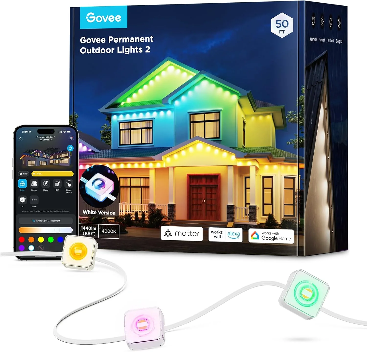 چراغهای دائمی فضای باز Govee 2، چراغهای RGBIC فضای باز 50 فوتی با 36 چراغ LED، ضد آب IP67، 100 حالت صحنه با 40 لومن سفید برای تزئینات فضای باز، کار با الکسا، دستیار گوگل، سفید چراغهای دائمی فضای باز Govee 2، چراغهای RGBIC فضای باز 50 فوتی با 36 چراغ LED، ضد آب IP67، 100 حالت صحنه با 40 لومن سفید برای تزئینات فضای باز، کار با الکسا، دستیار گوگل، سفید