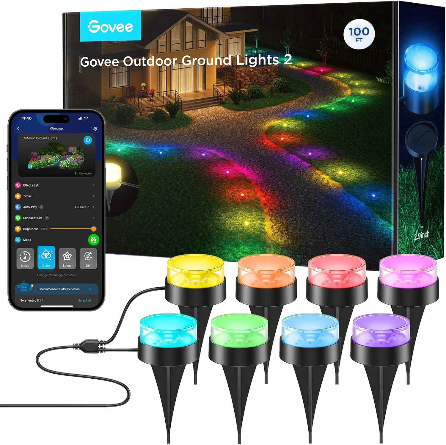 چراغ های زمینی فضای باز Govee 2، چراغ های کریسمس فضای باز 100 فوتی، بسته 30 عددی چراغ های مسیر RGBIC، 100 لومن نور سفید گرم، ضد آب IP67، دوشاخه باغ