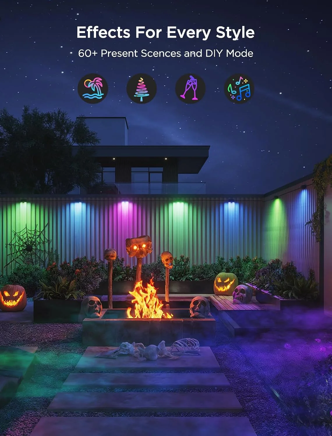 چراغ های حصار چند رنگ فضای باز Govee، ضد آب IP65، بسته 12 عددی (22 متر)، چراغ های تزئینی عرشه فضای باز با کنترل هوشمند، صحنه های از پیش تعیین شده، حالت موسیقی برای تزئینات هالووین