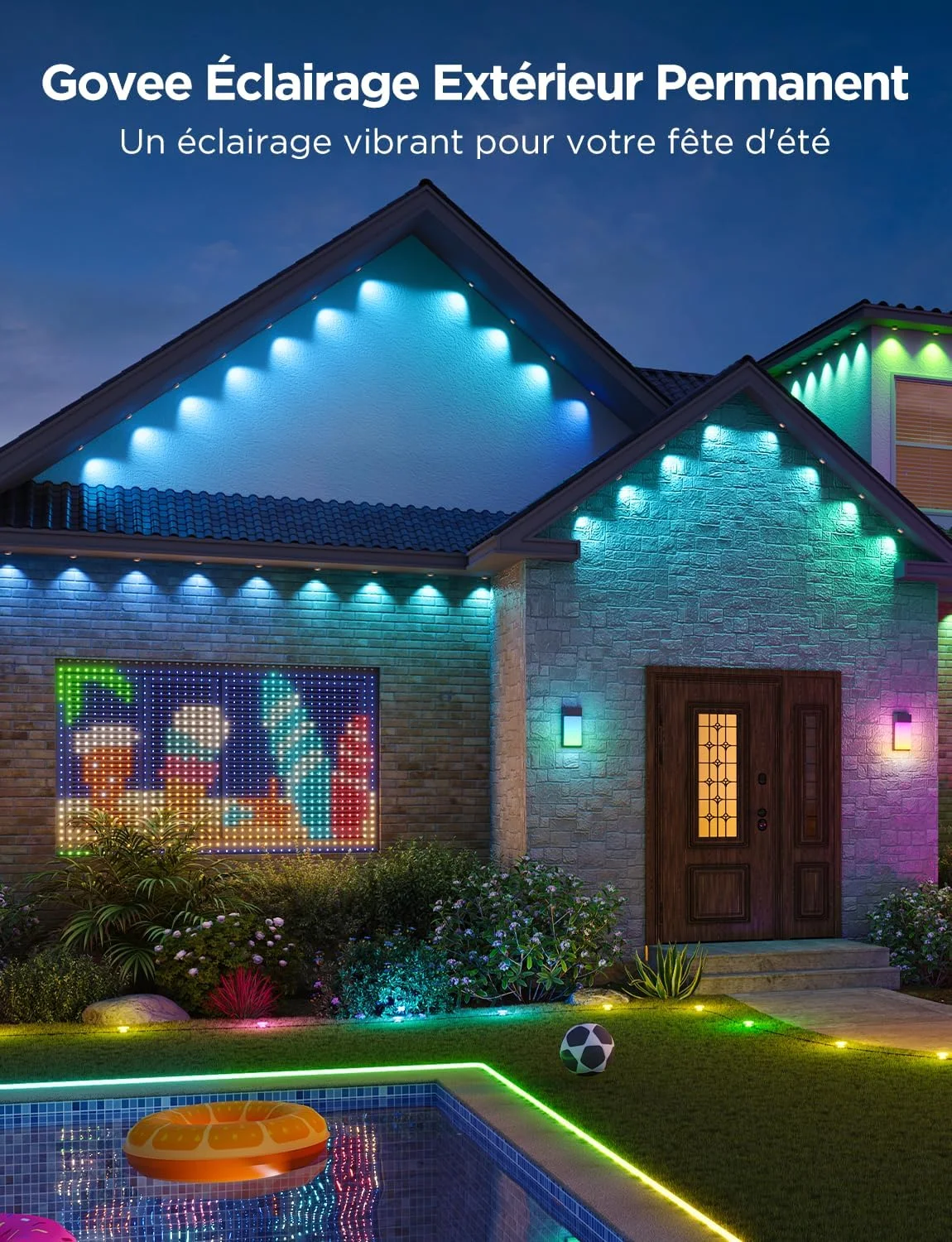 چراغ های دائمی فضای باز Govee، 15 متر با 72 چراغ لبه بام، چراغ RGBIC فضای باز، ضد آب IP67 با 72 حالت صحنه برای تعطیلات، روزانه، کار با الکسا، دستیار گوگل