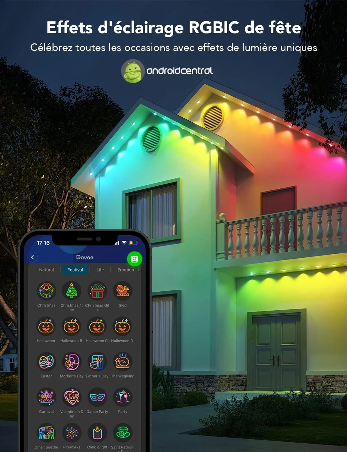چراغ های دائمی فضای باز Govee، 15 متر با 72 چراغ لبه بام، چراغ RGBIC فضای باز، ضد آب IP67 با 72 حالت صحنه برای تعطیلات، روزانه، کار با الکسا، دستیار گوگل