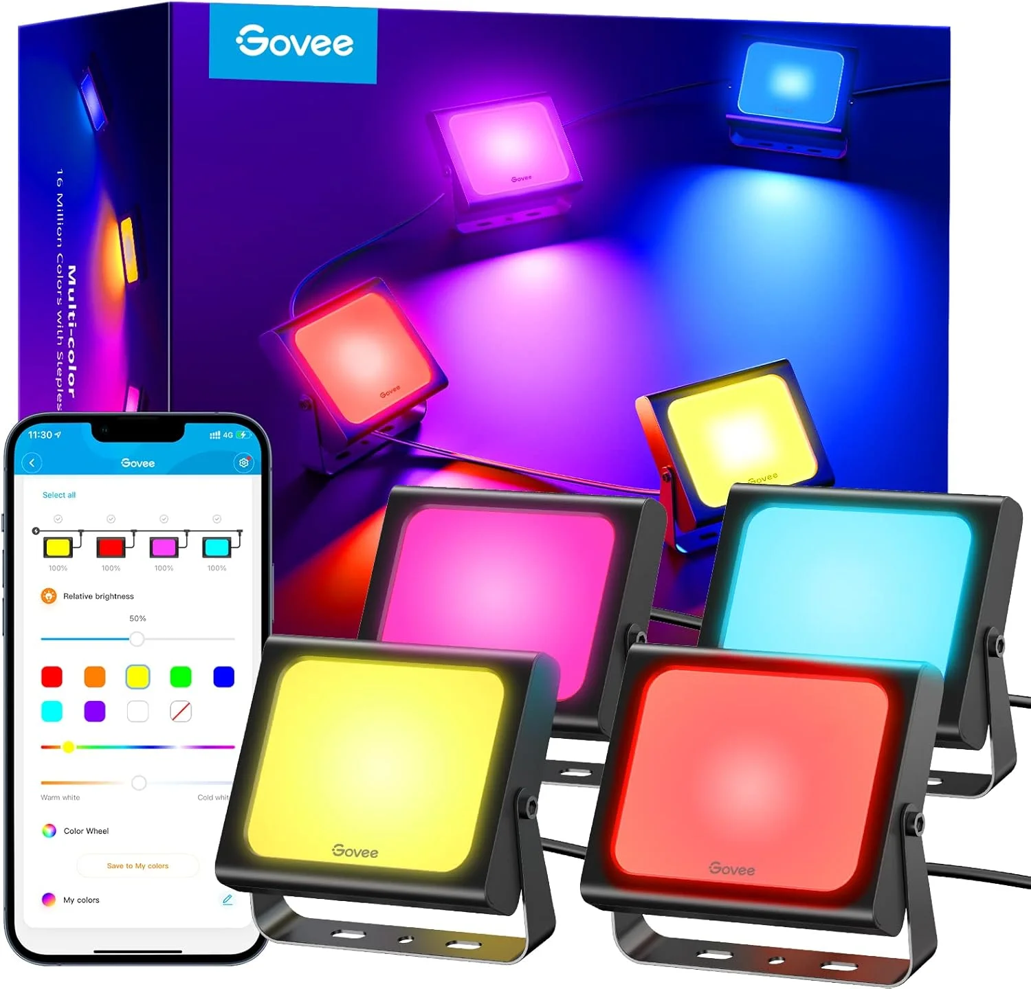 چراغ های سیلابی بیرونی Govee بسته 4 عددی، 2200-6500K RGBIC قابل تنظیم سفید گرم و نور روز، کنترل برنامه هوشمند WiFi، کار با الکسا، IP66 برای چمن باغ