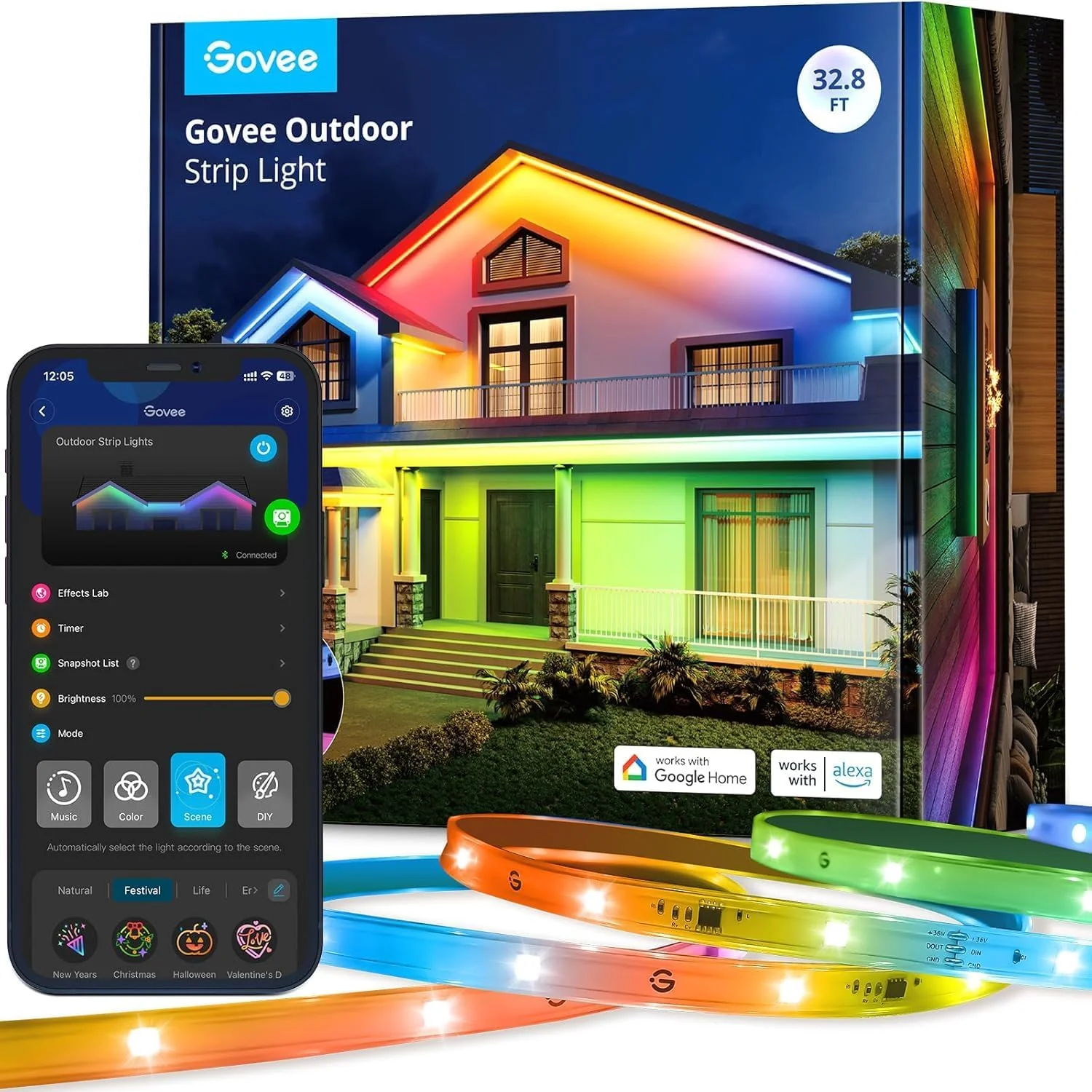 نوار چراغ LED بیرونی Govee ضد آب، چراغ‌های بیرونی هوشمند به طول 32.8 فوت سازگار با Alexa و Google Assistant، مقاوم در برابر آب IP65، چراغ‌های بیرونی RGBIC برای سقف و دکوراسیون مهمانی