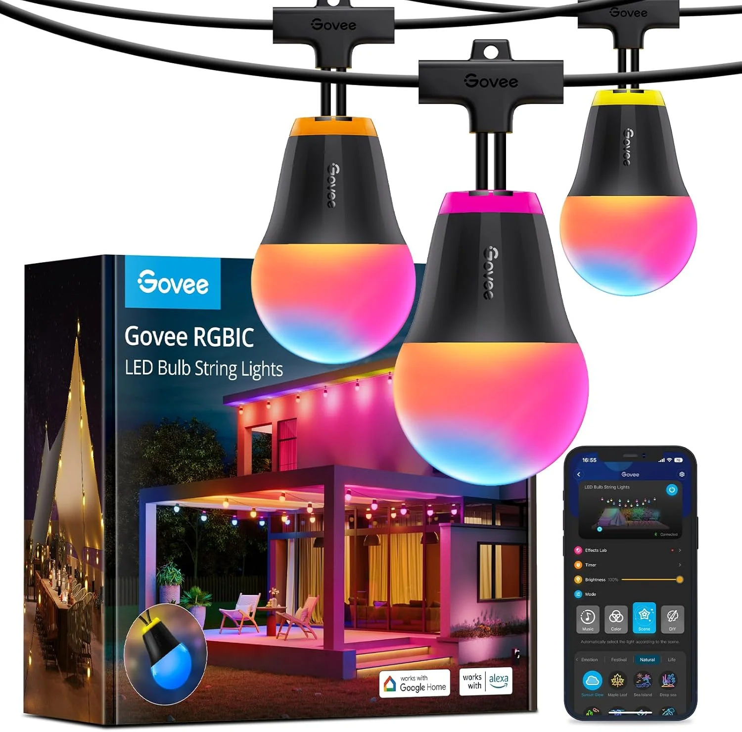 چراغ های ریسه ای بیرونی Govee مدل H1، ریسه های RGBIC بیرونی 15 متری با 15 لامپ LED سفید گرم دیمر پذیر، چراغ های هوشمند بیرونی با 60 حالت صحنه، ضد آب IP65، سازگار با الکسا برای کریسمس، روشنایی روزانه