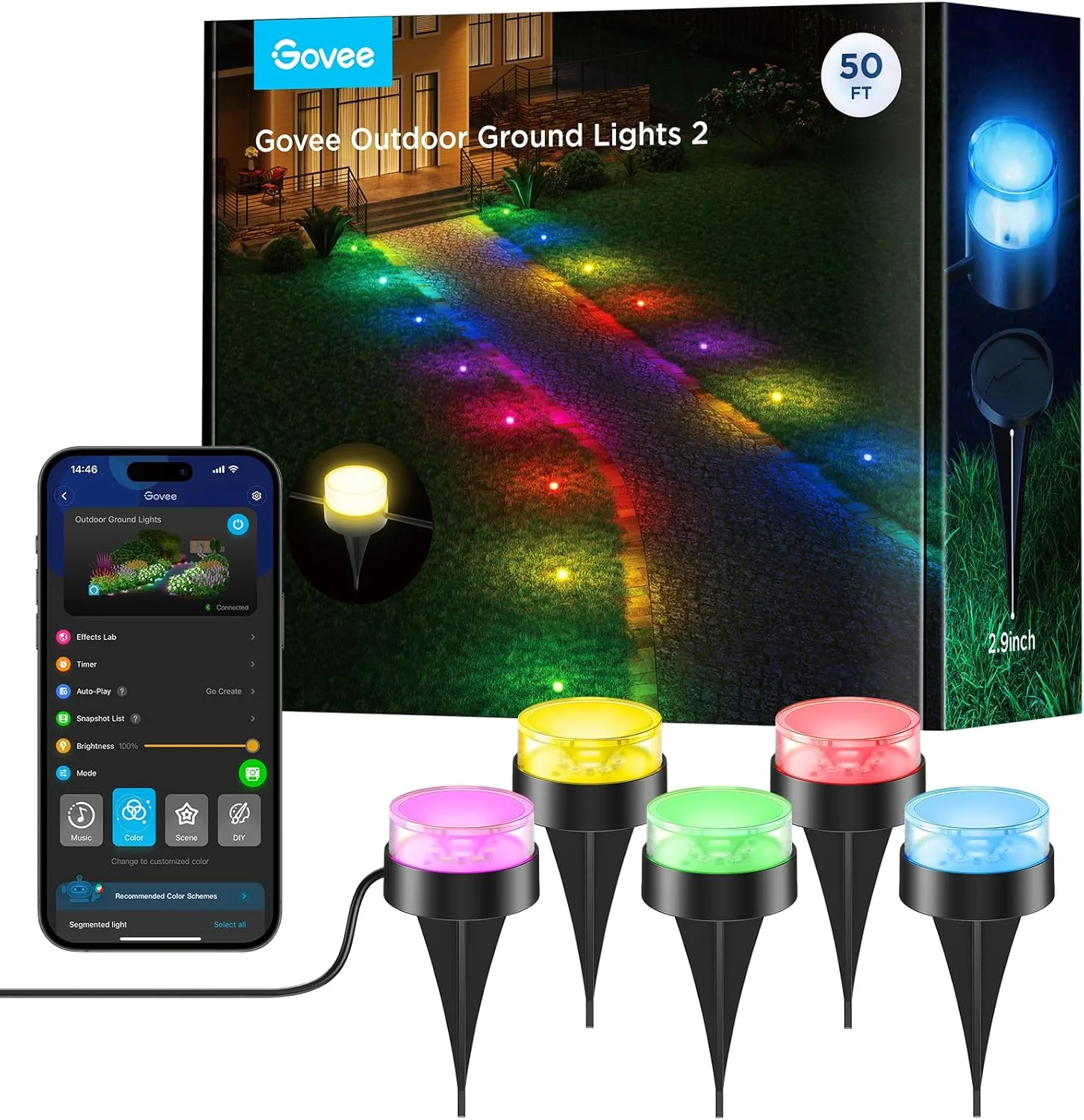 چراغ های زمینی فضای باز Govee 2، چراغ های فضای باز 15 متری برای پاسیو، 15 بسته چراغ مسیر RGBIC با نور سفید گرم 100 لومن، ضد آب IP67 برای دکوراسیون باغ، 63 حالت صحنه، کار با الکسا، دستیار گوگل
