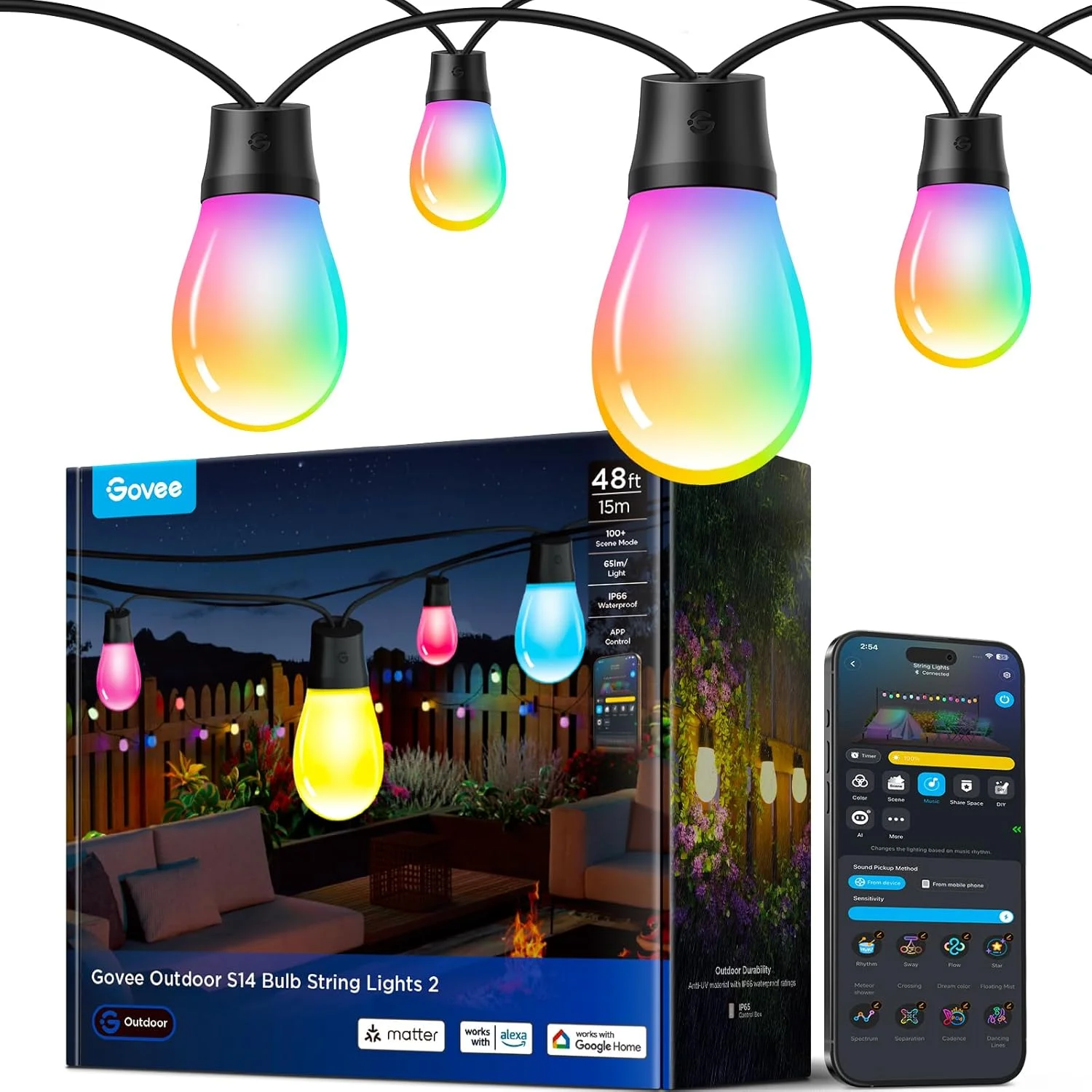 چراغ‌های ریسه‌ای بیرونی Govee به طول 15 متر، لامپ‌های LED هوشمند RGBIC با نور سفید گرم و قابلیت تنظیم نور، چراغ‌های باغ ضد آب IP66 با 111 حالت صحنه، سازگار با الکسا، گوگل اسیستنت و Matter برای حیاط خلوت و مهمانی