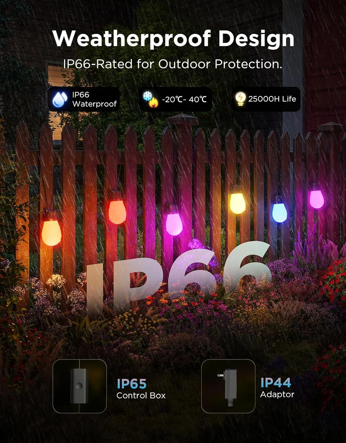 چراغهای ریسهای بیرونی Govee به طول 15 متر، لامپهای LED هوشمند RGBIC با نور سفید گرم و قابلیت تنظیم نور، چراغهای باغ ضد آب IP66 با 111 حالت صحنه، سازگار با الکسا، گوگل اسیستنت و Matter برای حیاط خلوت و مهمانی چراغهای ریسهای بیرونی Govee به طول 15 متر، لامپهای LED هوشمند RGBIC با نور سفید گرم و قابلیت تنظیم نور، چراغهای باغ ضد آب IP66 با 111 حالت صحنه، سازگار با الکسا، گوگل اسیستنت و Matter برای حیاط خلوت و مهمانی