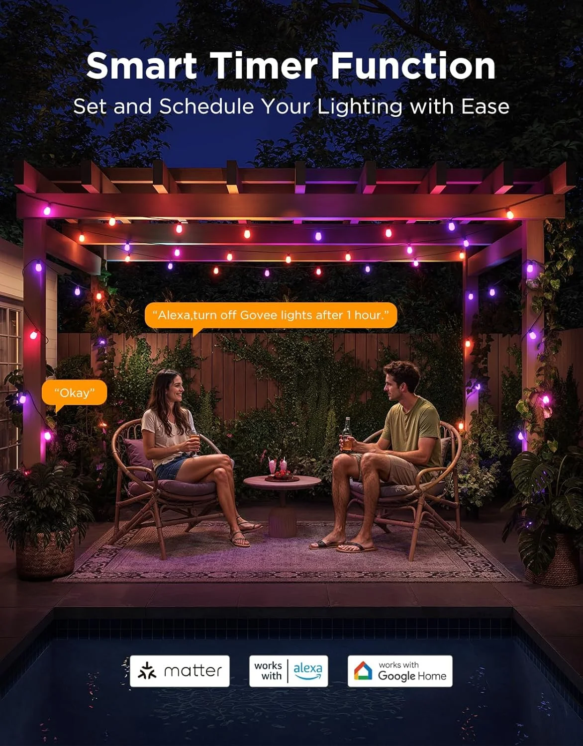 چراغهای ریسهای بیرونی Govee به طول 15 متر، لامپهای LED هوشمند RGBIC با نور سفید گرم و قابلیت تنظیم نور، چراغهای باغ ضد آب IP66 با 111 حالت صحنه، سازگار با الکسا، گوگل اسیستنت و Matter برای حیاط خلوت و مهمانی چراغهای ریسهای بیرونی Govee به طول 15 متر، لامپهای LED هوشمند RGBIC با نور سفید گرم و قابلیت تنظیم نور، چراغهای باغ ضد آب IP66 با 111 حالت صحنه، سازگار با الکسا، گوگل اسیستنت و Matter برای حیاط خلوت و مهمانی