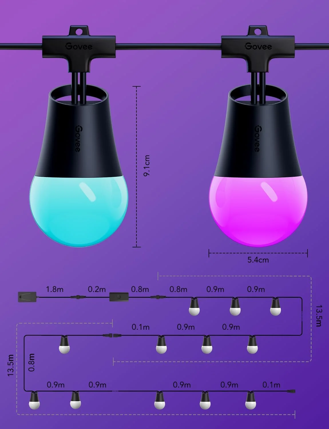 چراغهای ریسهای هوشمند فضای باز Govee 2، چراغهای فضای باز 30 متری RGBIC، لامپهای LED سفید گرم و قابل تنظیم، ضد آب IP65، سازگار با الکسا، 47 حالت صحنه برای باغ چراغهای ریسهای هوشمند فضای باز Govee 2، چراغهای فضای باز 30 متری RGBIC، لامپهای LED سفید گرم و قابل تنظیم، ضد آب IP65، سازگار با الکسا، 47 حالت صحنه برای باغ