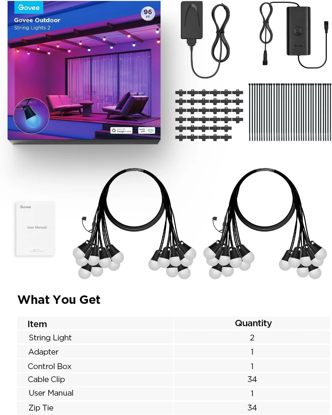 چراغهای ریسهای هوشمند فضای باز Govee 2، چراغهای فضای باز 30 متری RGBIC، لامپهای LED سفید گرم و قابل تنظیم، ضد آب IP65، سازگار با الکسا، 47 حالت صحنه برای باغ چراغهای ریسهای هوشمند فضای باز Govee 2، چراغهای فضای باز 30 متری RGBIC، لامپهای LED سفید گرم و قابل تنظیم، ضد آب IP65، سازگار با الکسا، 47 حالت صحنه برای باغ