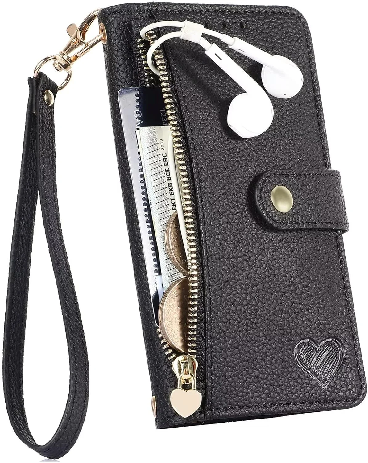 کیف پول زیپی Nadoli برای Google Pixel 7A، کیف چرمی PU با طرح قلب، دارای 7 جای کارت، پایه نگهدارنده، بند گردنی و محافظ مغناطیسی