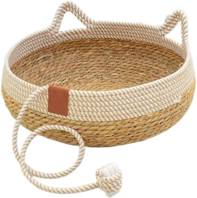 تخت خواب حصیری بافته شده دستی گربه Ziciach با دسته طنابی، سایز بزرگ (萌宠款裸窝, Medium)