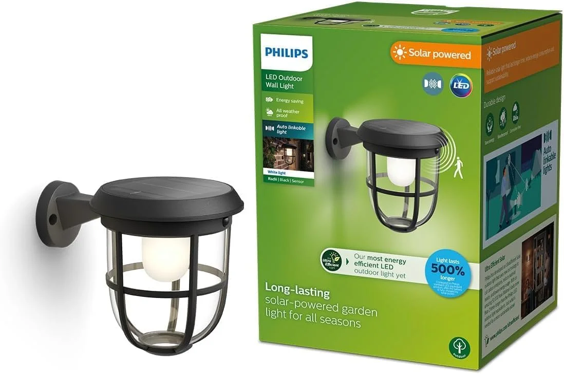 چراغ دیواری خورشیدی فوق العاده کارآمد Philips Outdoor Radii با توان 1.3 وات، سنسور قابل اتصال، 3000 کلوین، ضد آب و هوا IP44، مشکی، 240 میلی متر