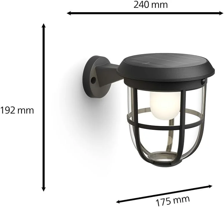 چراغ دیواری خورشیدی فوق العاده کارآمد Philips Outdoor Radii با توان 1.3 وات، سنسور قابل اتصال، 3000 کلوین، ضد آب و هوا IP44، مشکی، 240 میلی متر