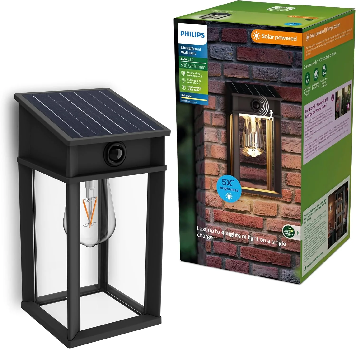 چراغ خورشیدی LED حسگر حرکتی فیلیپس مدل Geri، یک عددی، مناسب فضای باز، 2700K، مربعی، مشکی، 500 لومن، روشنایی بالا، شیشه و فلز