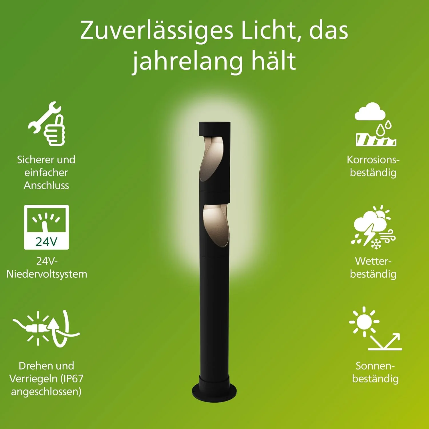 چراغ پایه دار فیلیپس Desi Outdoor 24 V GardenLink ولتاژ پایین، 2700 کلوین، 180 لومن، مشکی، بسته توسعه