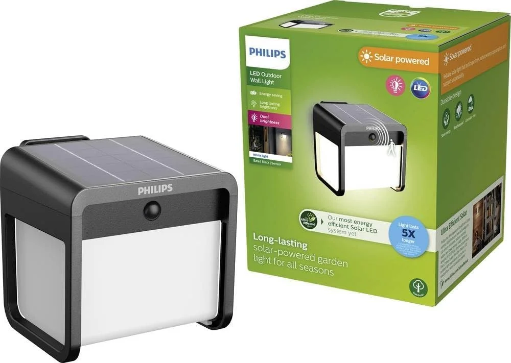 چراغ دیواری خورشیدی فوق العاده کارآمد فضای باز فیلیپس مدل Ezra با سنسور، نور سفید 3000K، 250/25 لومن، مشکی
